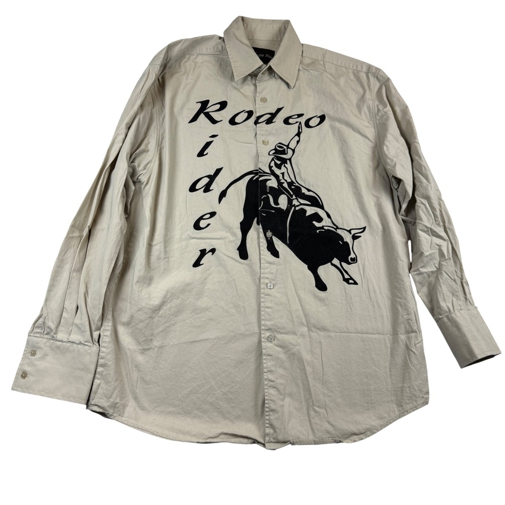 Rodeo Rider Kids Medium Tan‎ Bull Riding Graphic Button Down Shirt Western Y2K